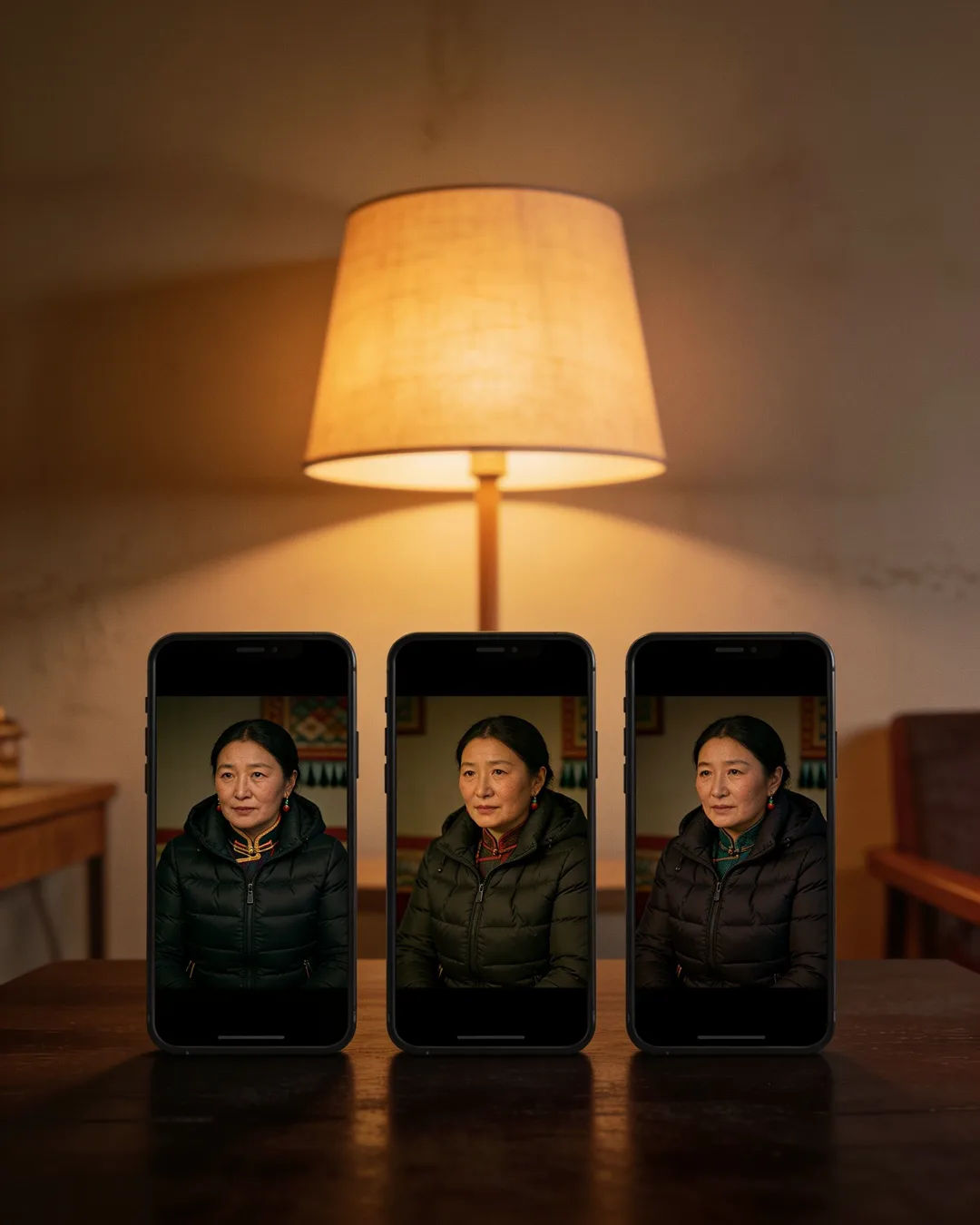 The same Mongolian woman in a dark padded jacket on three vertical phone screens