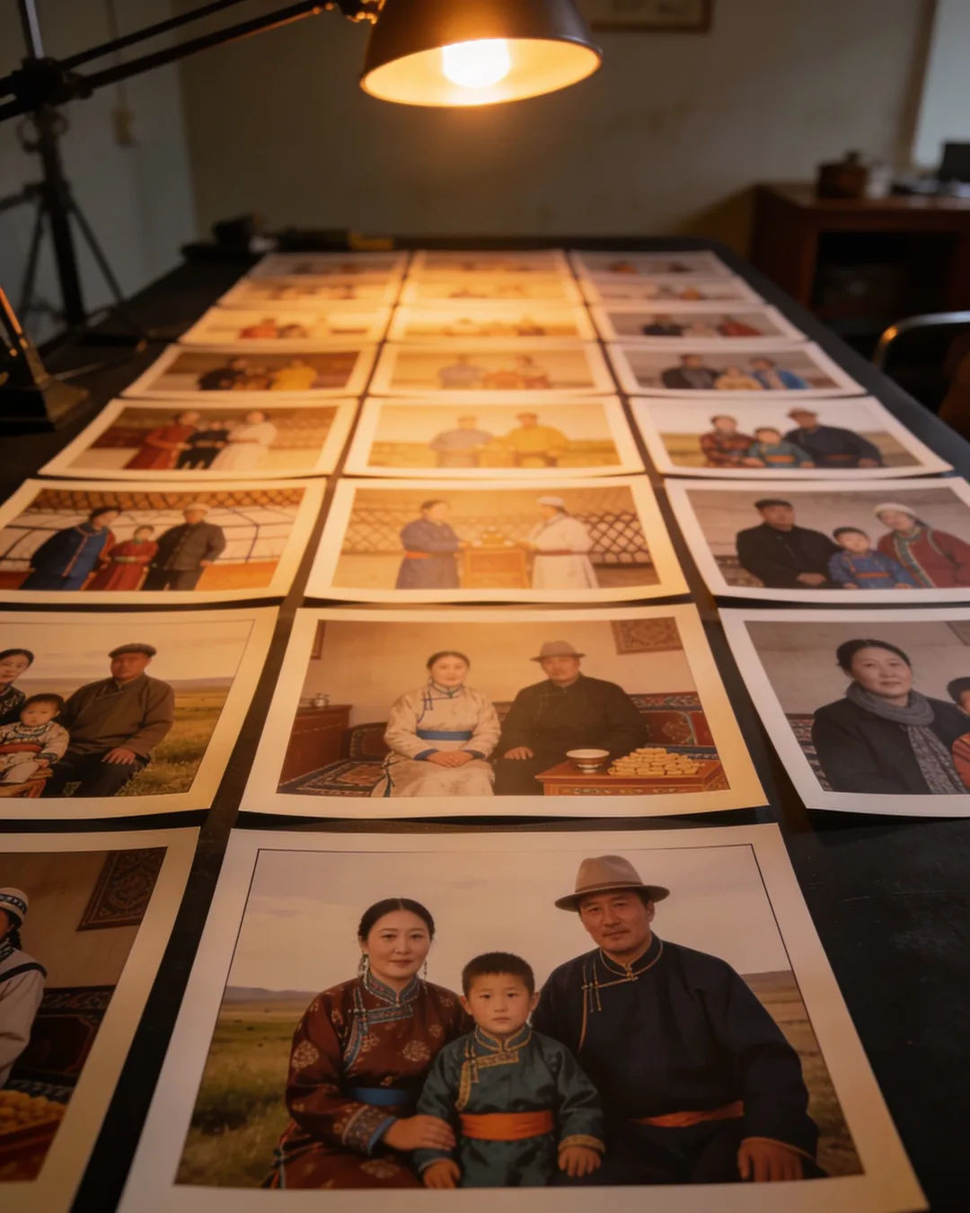 Storyboard cards of a Mongolian family drama laid out on a production table