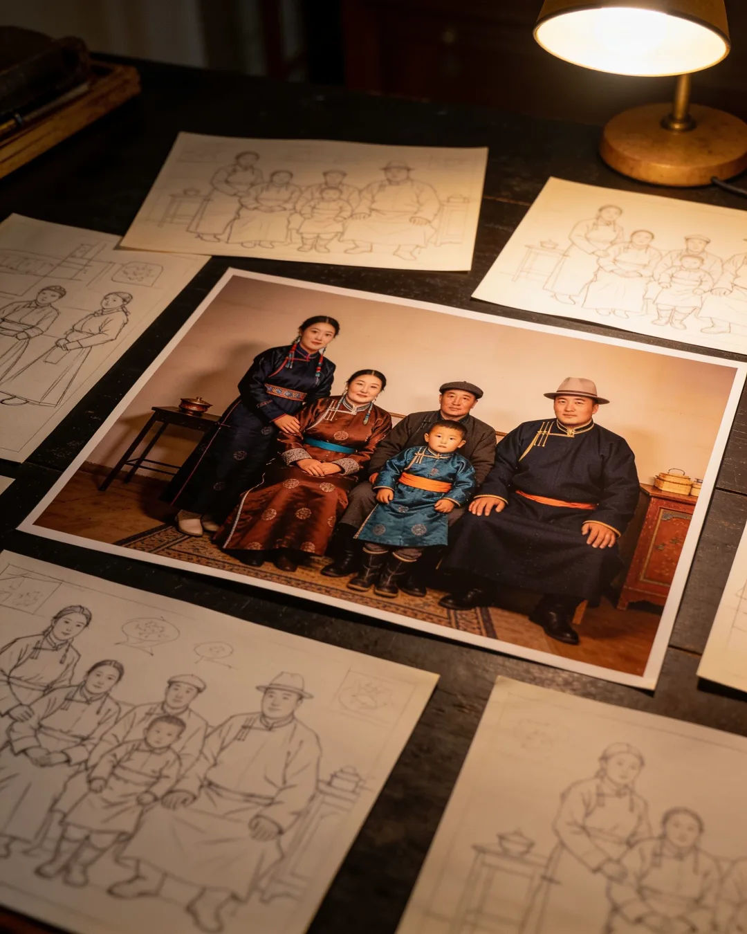 Pencil storyboard sketches around a finished photo of a Mongolian family scene