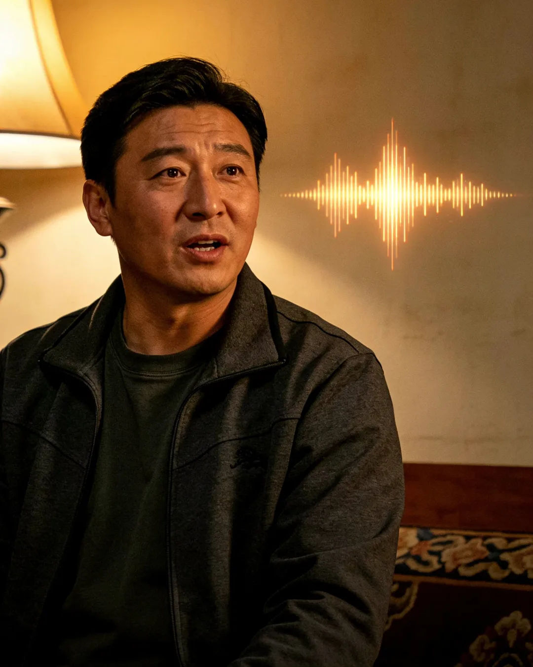 A Mongolian man speaking at home at night, a sound waveform beside him