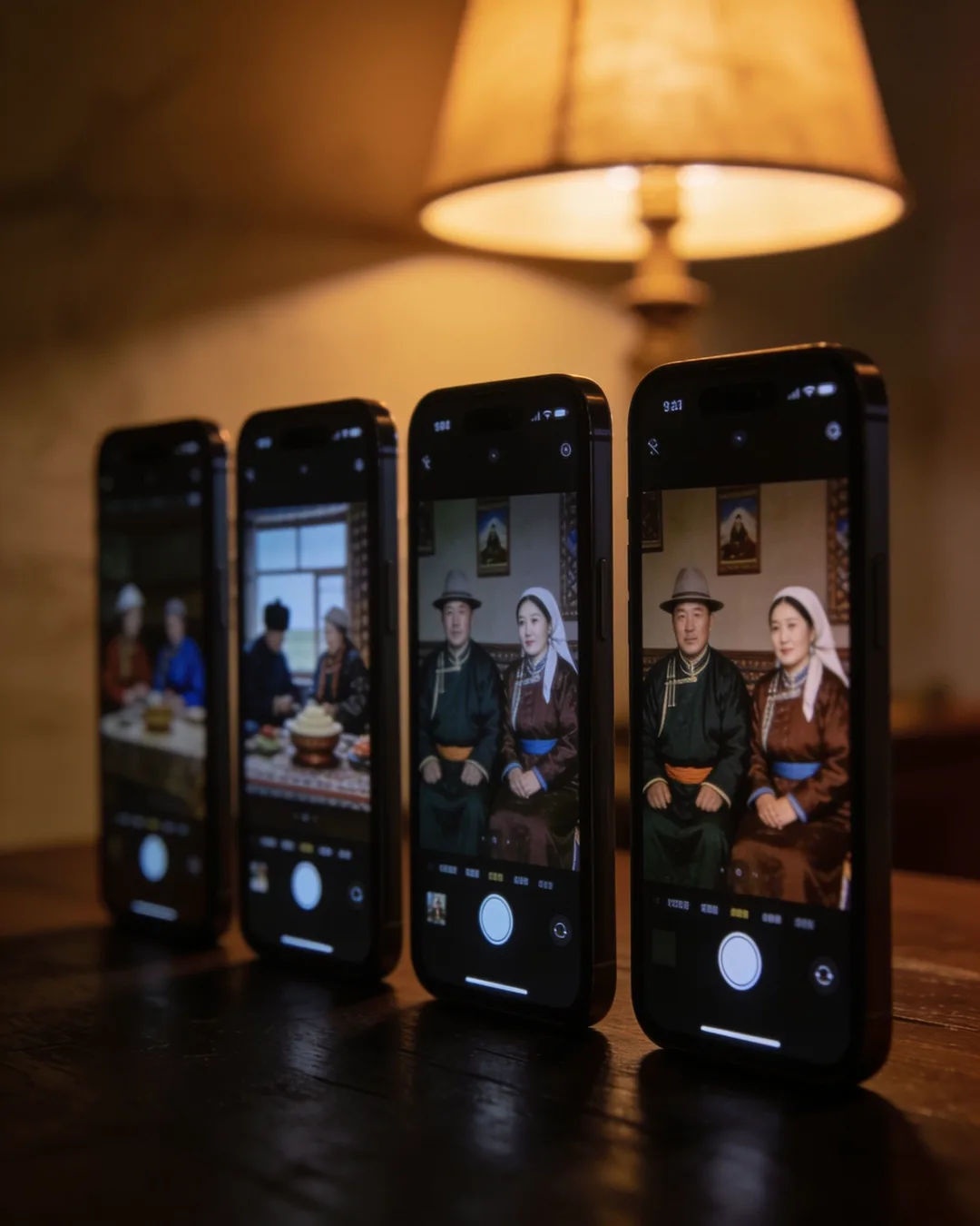 A row of phones showing episodes of the same Mongolian drama series