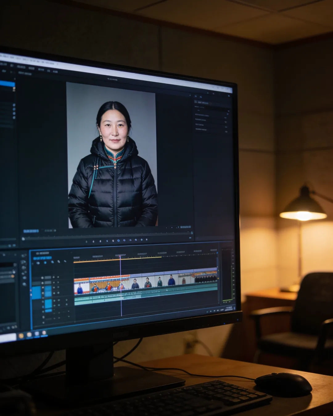 An editing suite with a vertical frame of a Mongolian woman in a dark padded jacket above a timeline