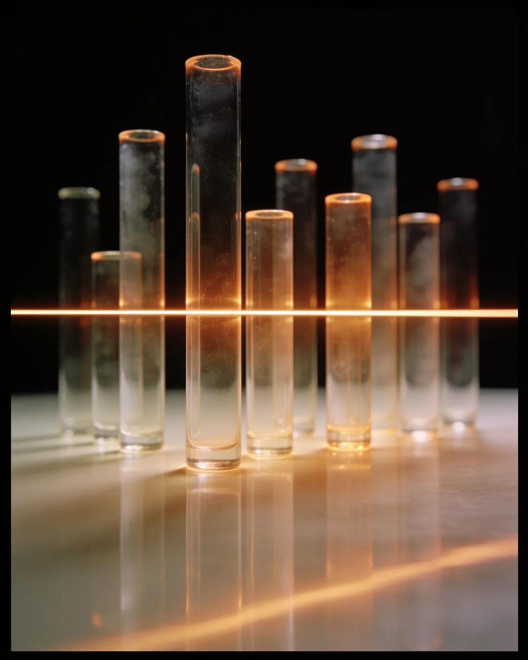 Glass columns of different heights with a glowing limit line