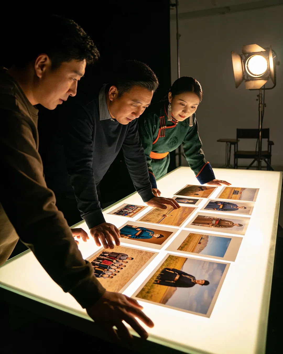 A Mongolian production team reviewing printed frames on a lit table