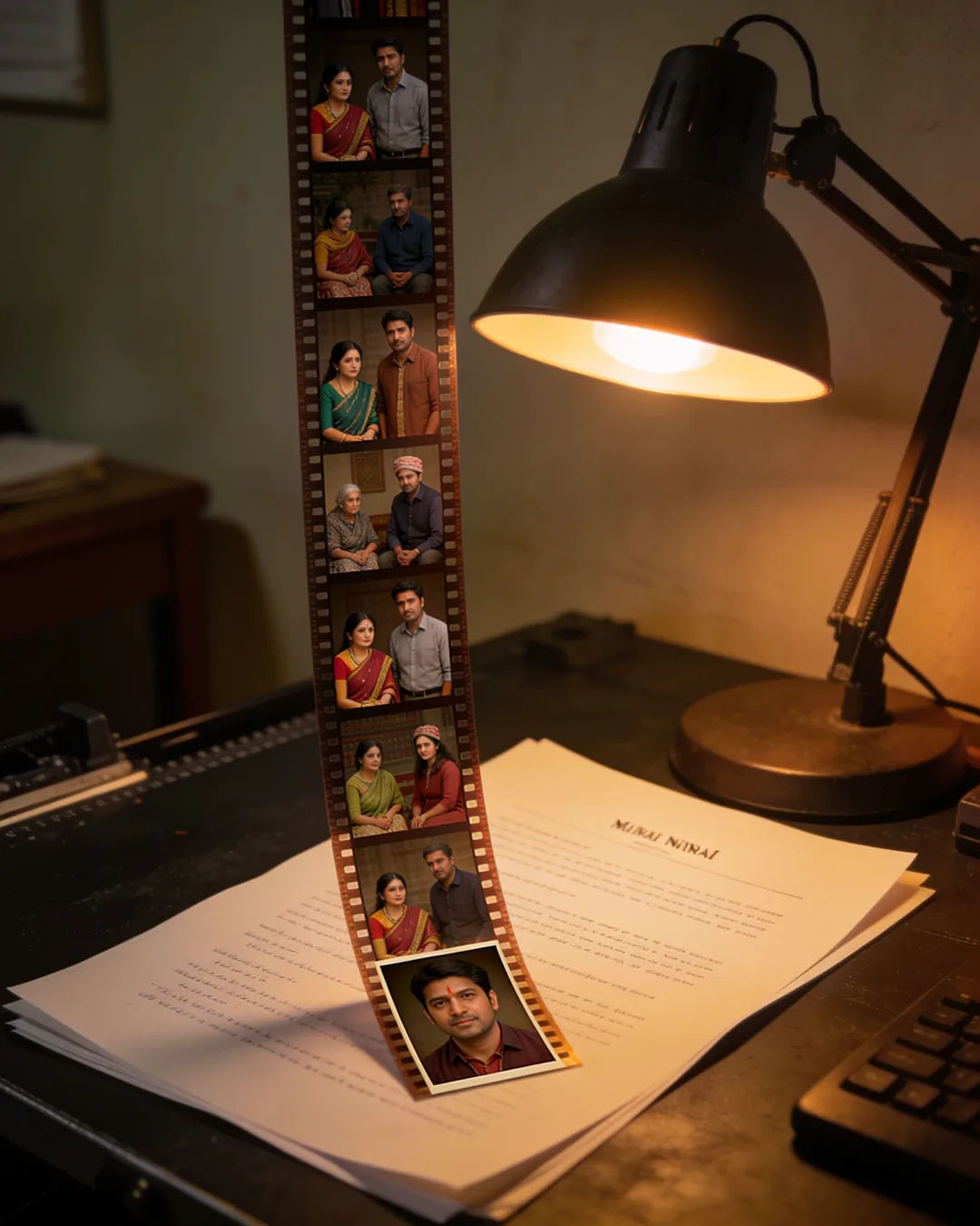 A screenplay page under a desk lamp beside a strip of film frames from a Nepali family drama