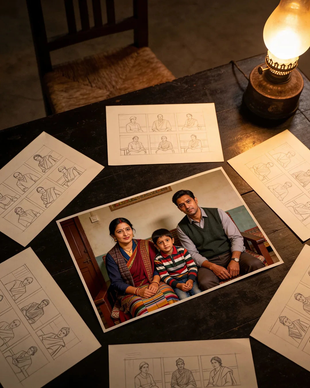 Pencil storyboard sketches around a finished photo of a Nepali family scene