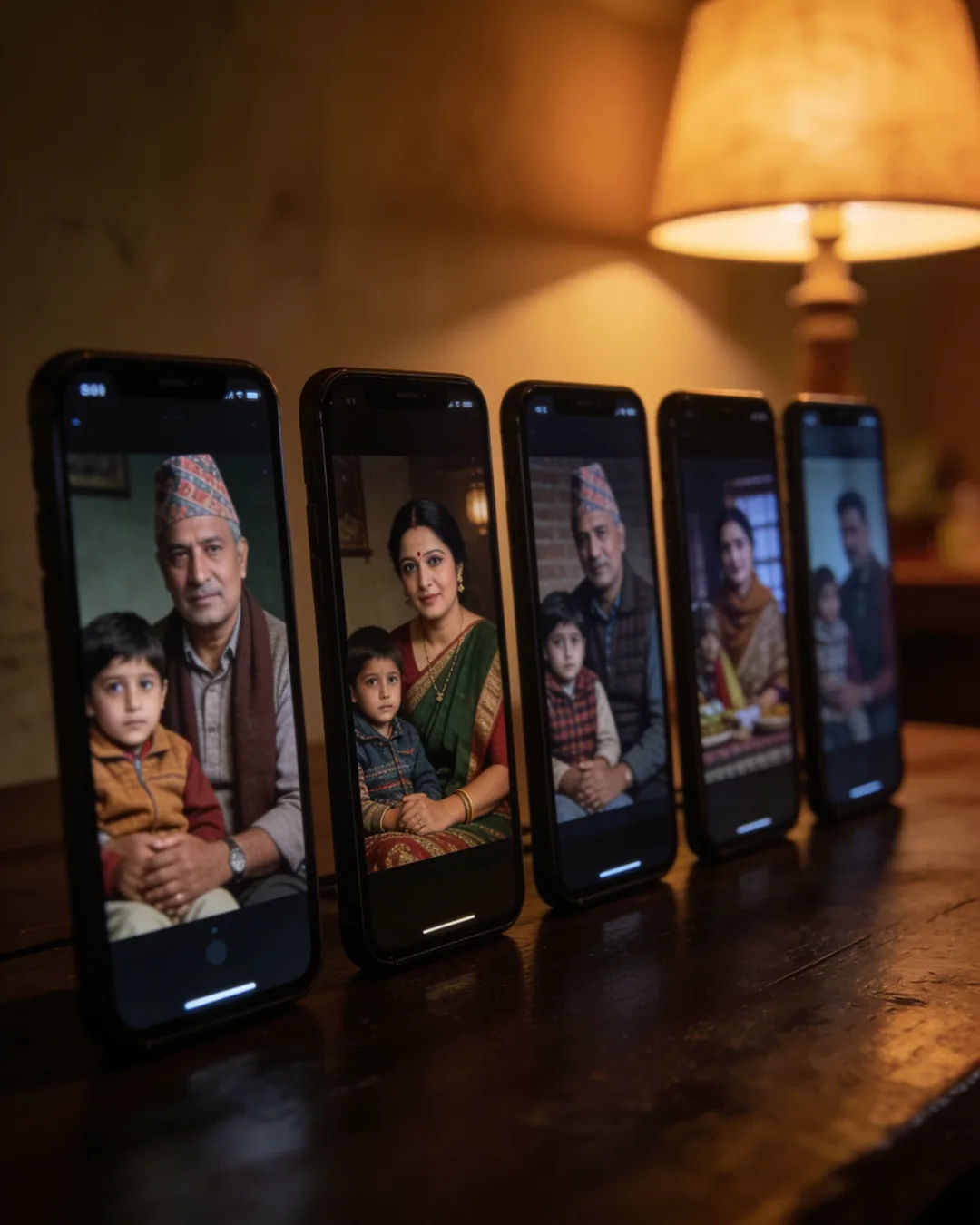 A row of phones showing episodes of the same Nepali drama series
