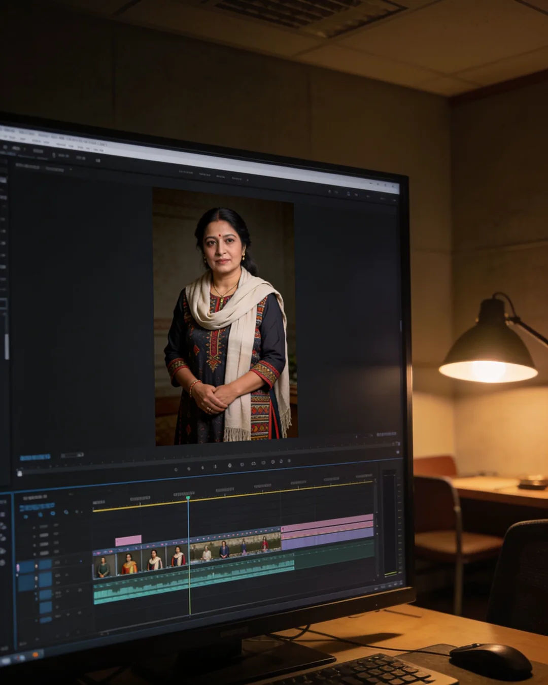 An editing suite with a vertical frame of a Nepali woman in a kurta with a light shawl above a timeline