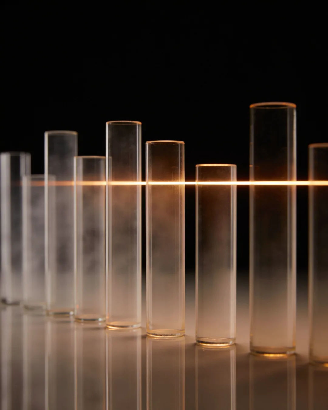 Glass columns of different heights with a glowing limit line