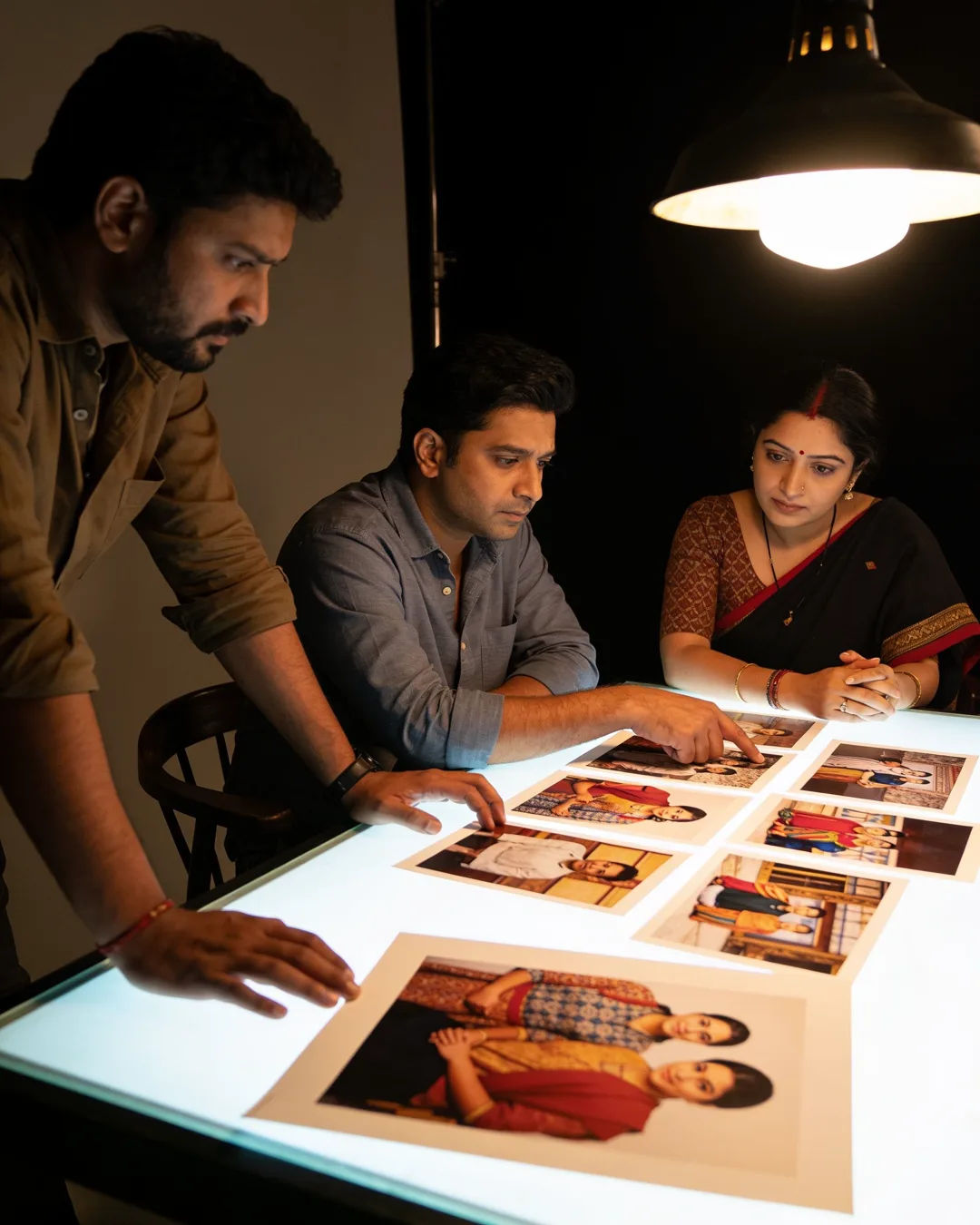 A Nepali production team reviewing printed frames on a lit table