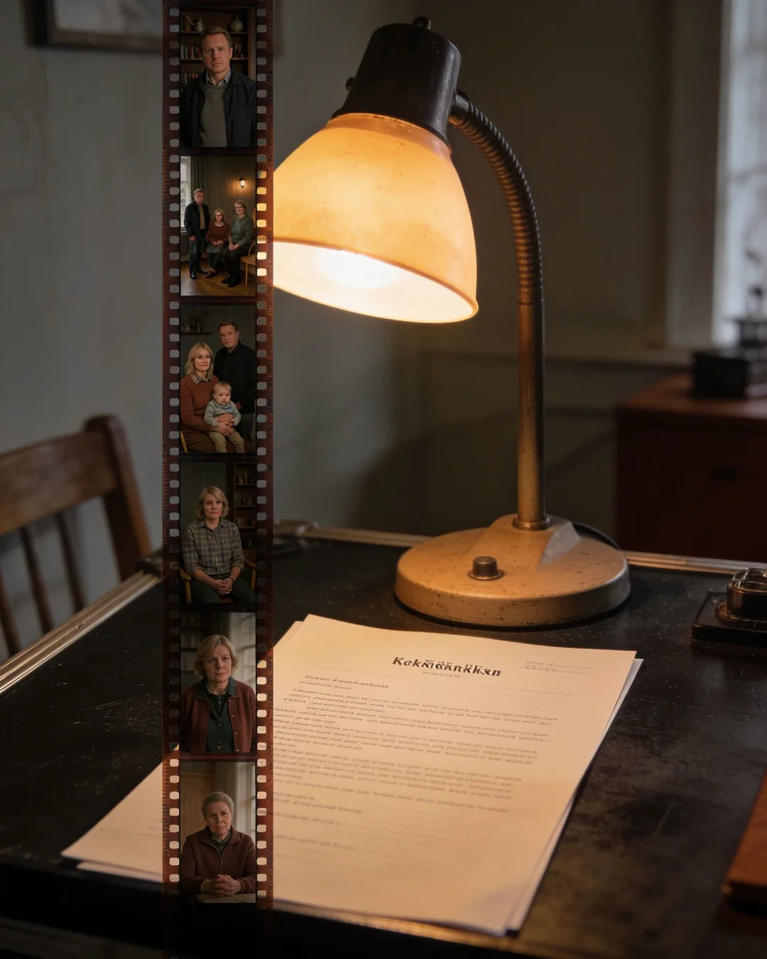 A screenplay page under a desk lamp beside a strip of film frames from a Norwegian family drama