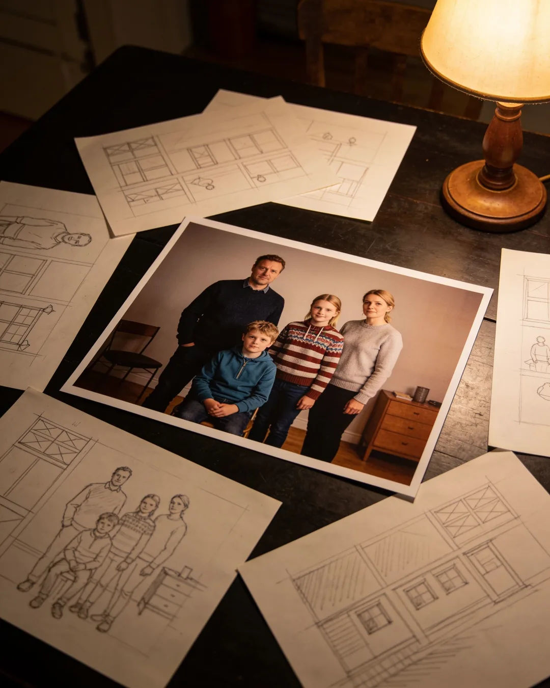 Pencil storyboard sketches around a finished photo of a Norwegian family scene