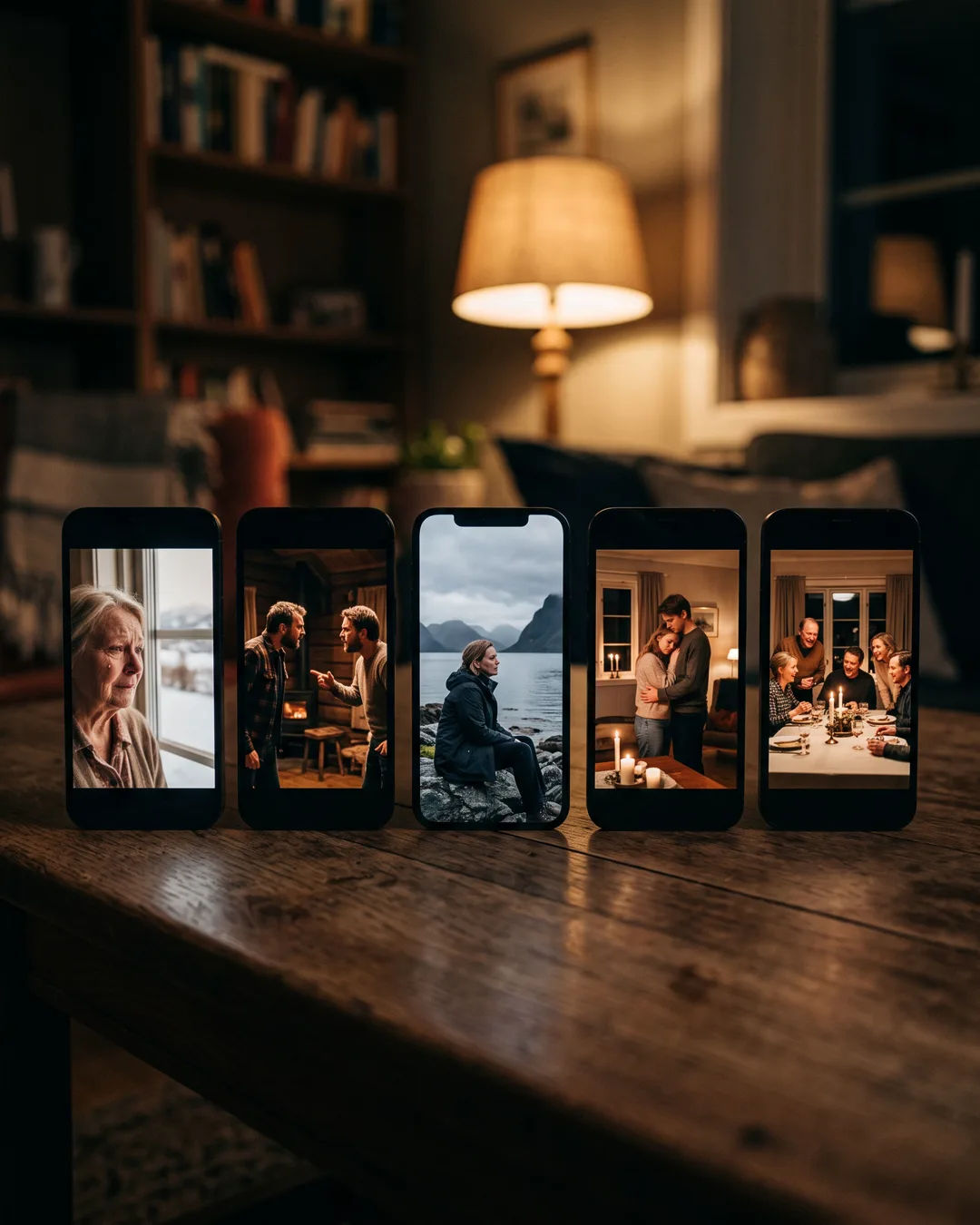 A row of phones showing episodes of the same Norwegian drama series