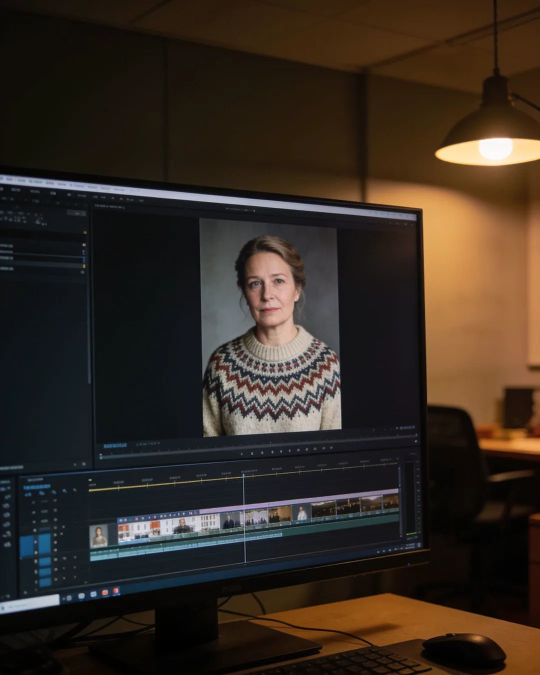 An editing suite with a vertical frame of a Norwegian woman in a patterned wool sweater above a timeline