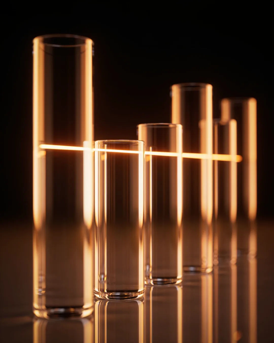 Glass columns of different heights with a glowing limit line