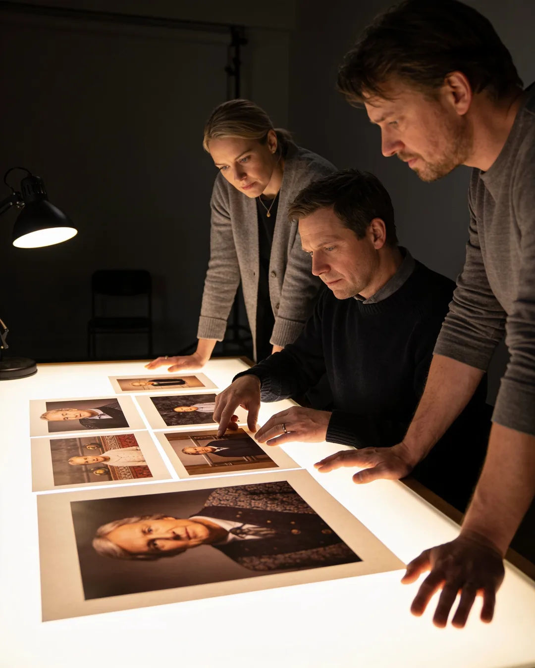 A Norwegian production team reviewing printed frames on a lit table