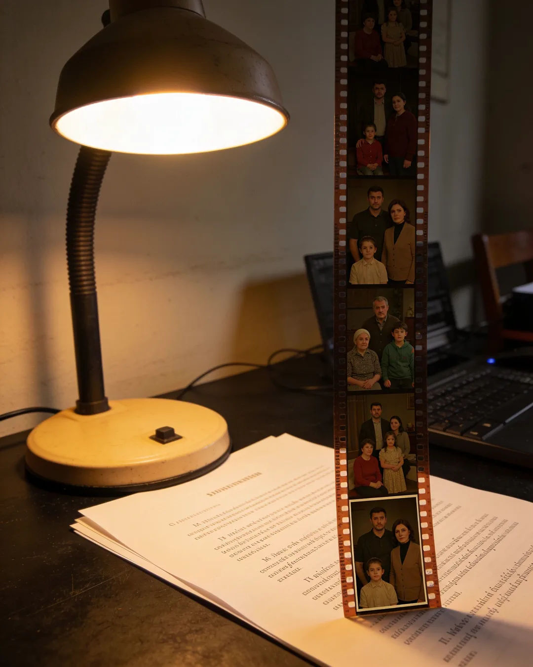 A screenplay page under a desk lamp beside a strip of film frames from a Romanian family drama