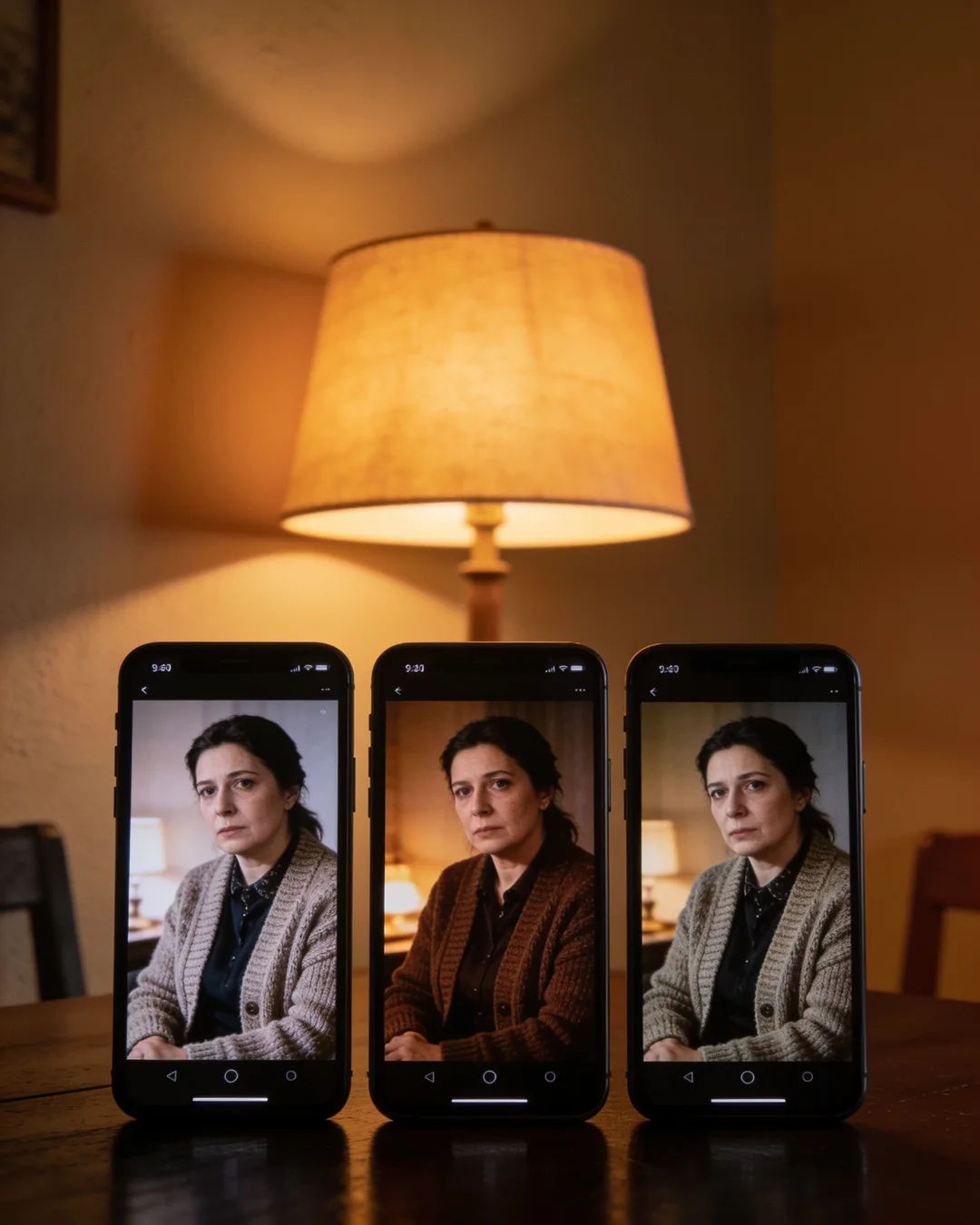 The same Romanian woman in a wool cardigan on three vertical phone screens