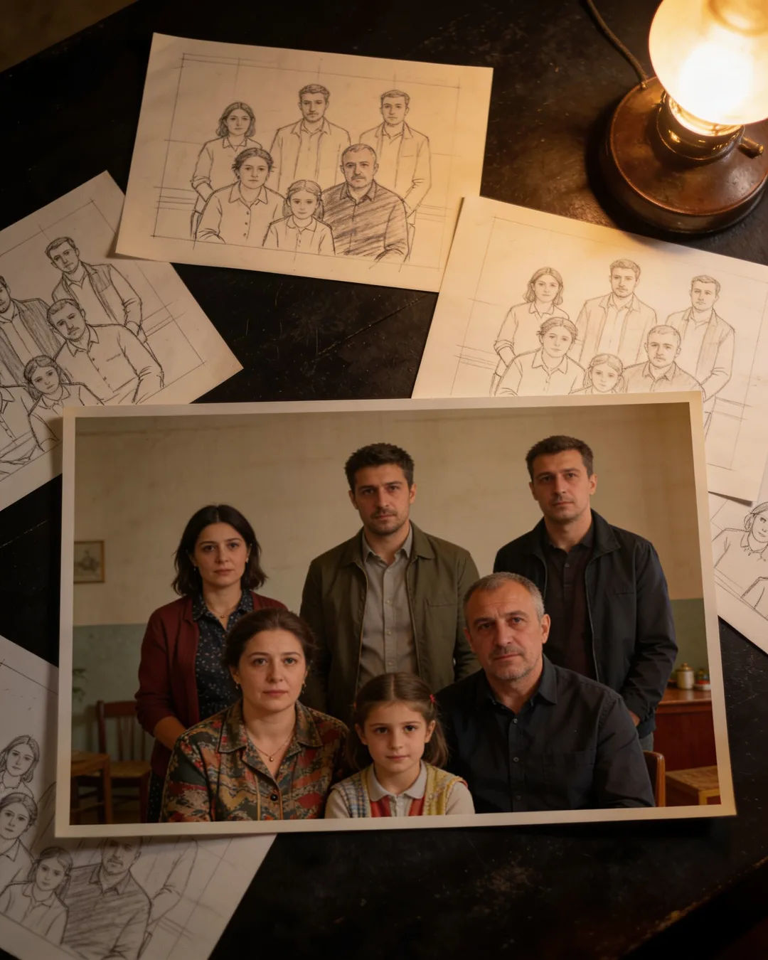 Pencil storyboard sketches around a finished photo of a Romanian family scene