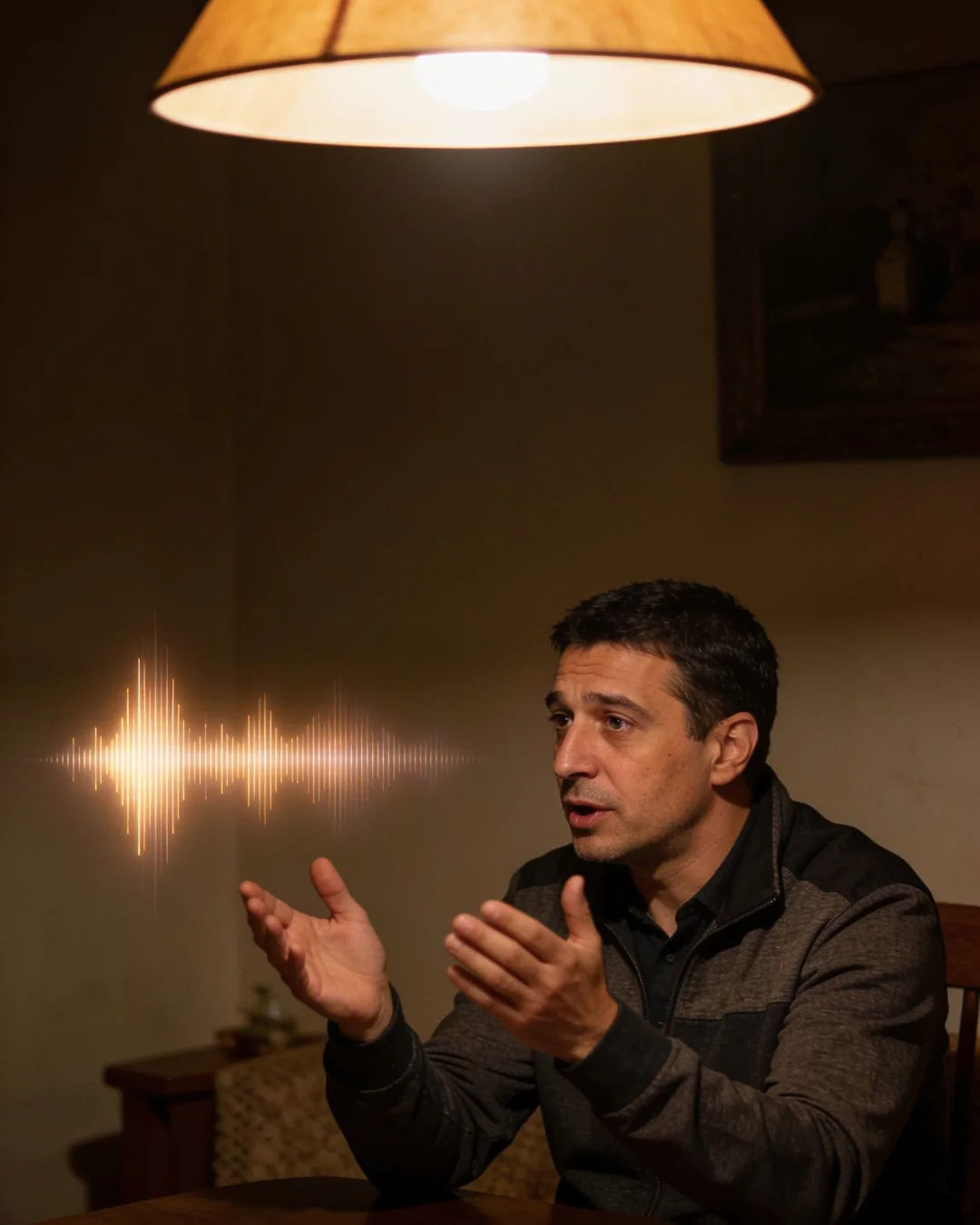A Romanian man speaking at home at night, a sound waveform beside him