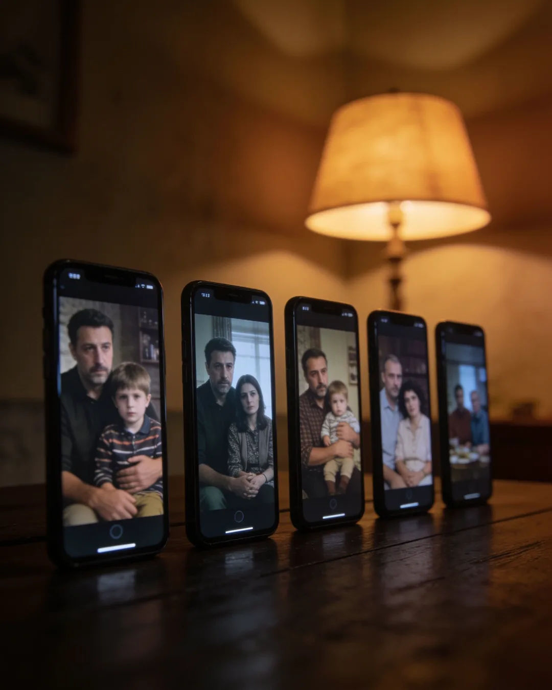 A row of phones showing episodes of the same Romanian drama series
