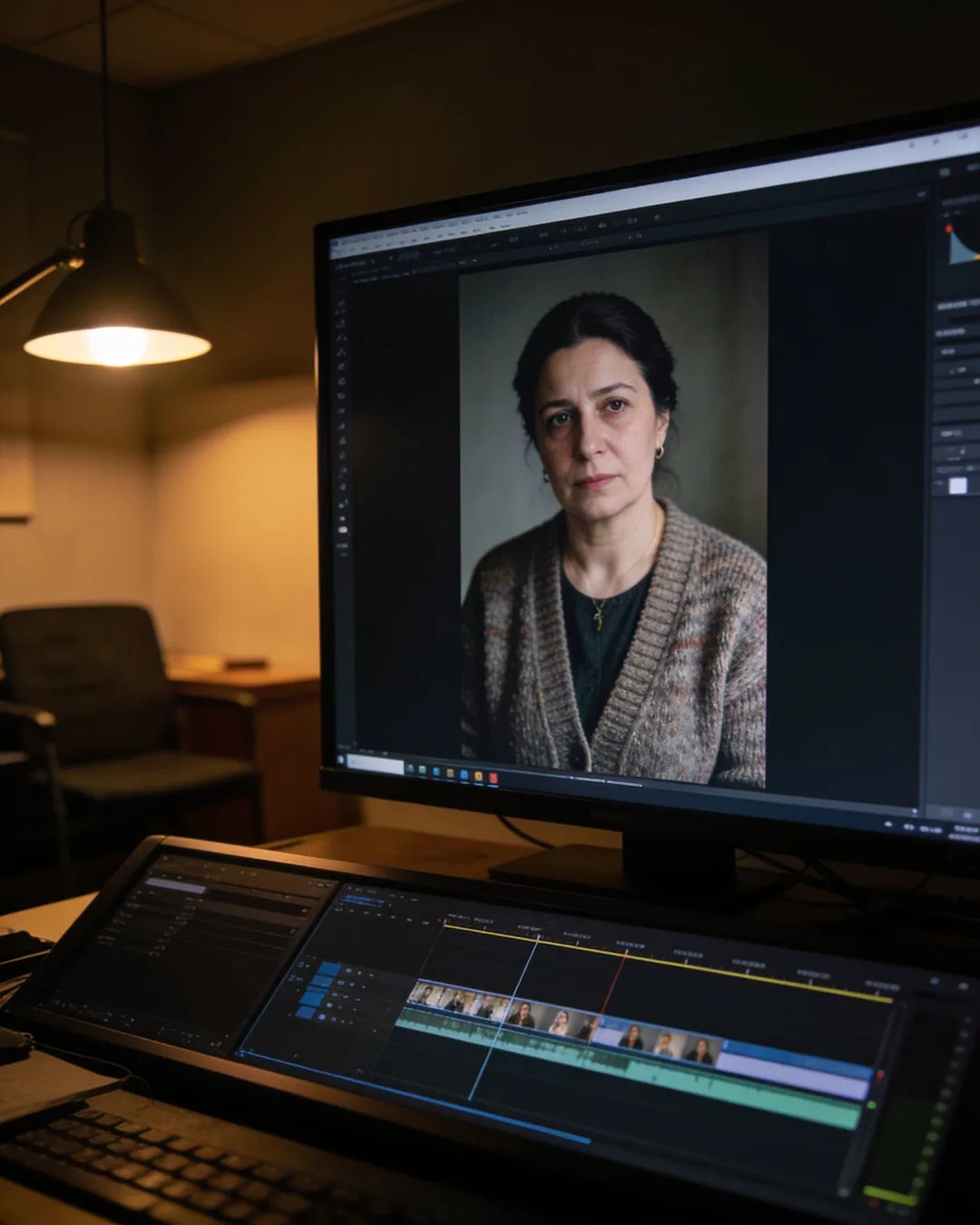 An editing suite with a vertical frame of a Romanian woman in a wool cardigan above a timeline