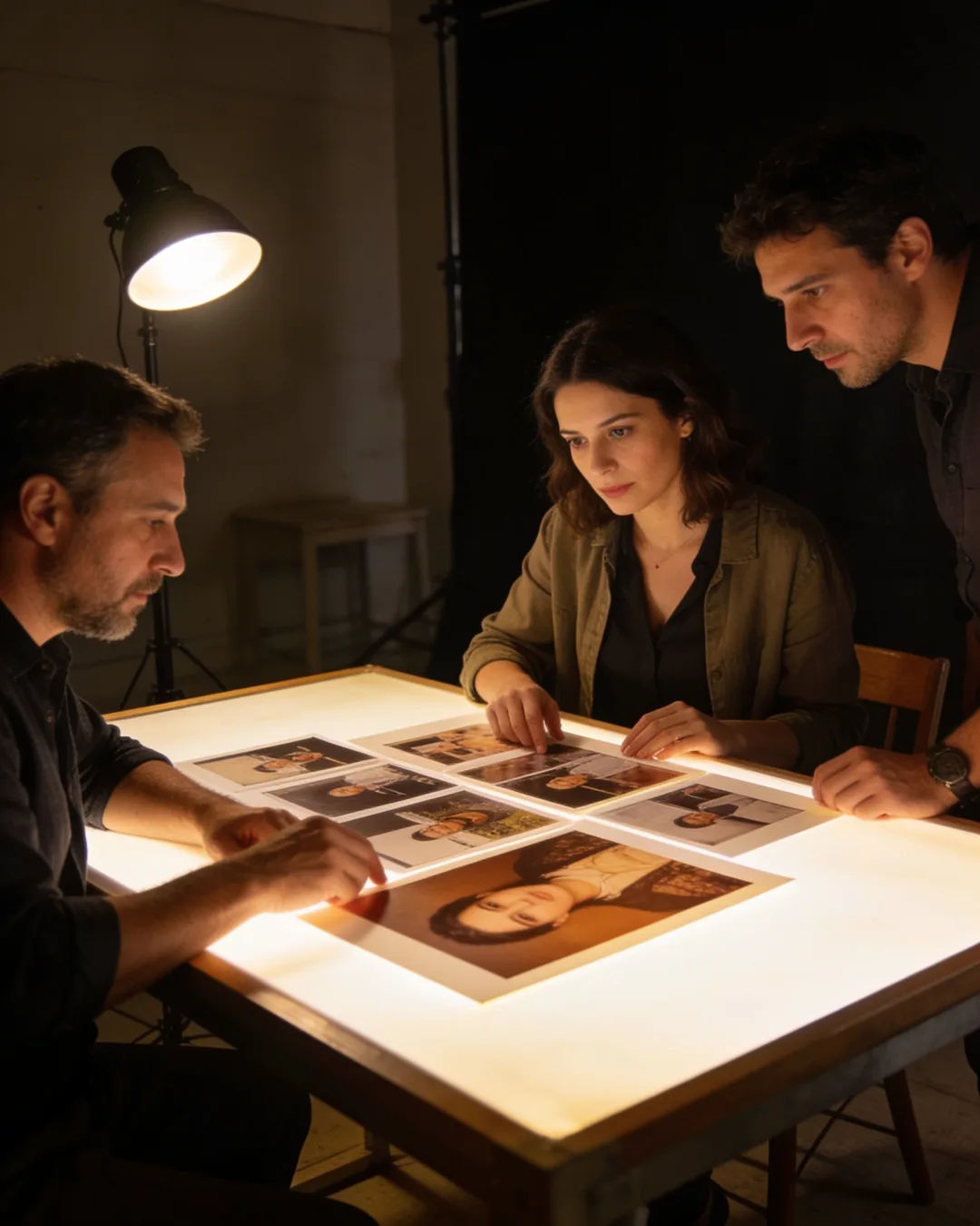 A Romanian production team reviewing printed frames on a lit table