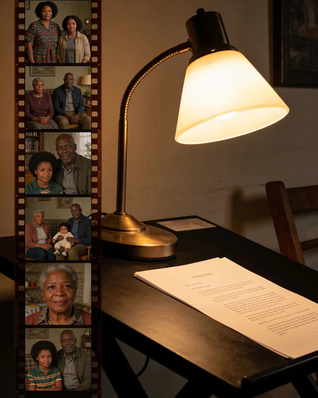 A screenplay page under a desk lamp beside a strip of film frames from a South African family drama