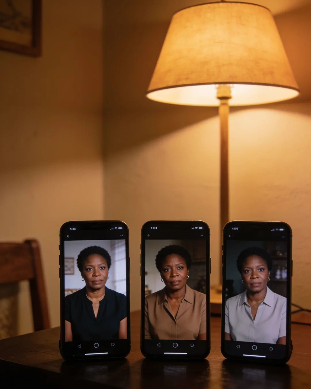 The same South African woman in a simple modern blouse on three vertical phone screens