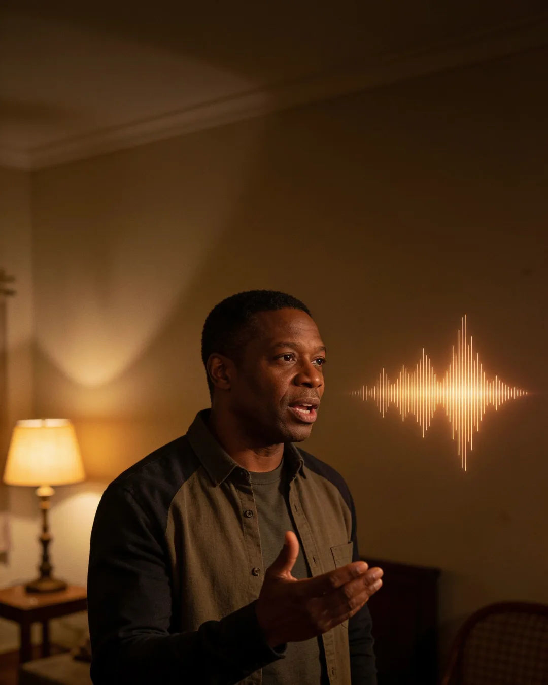 A South African man speaking at home at night, a sound waveform beside him