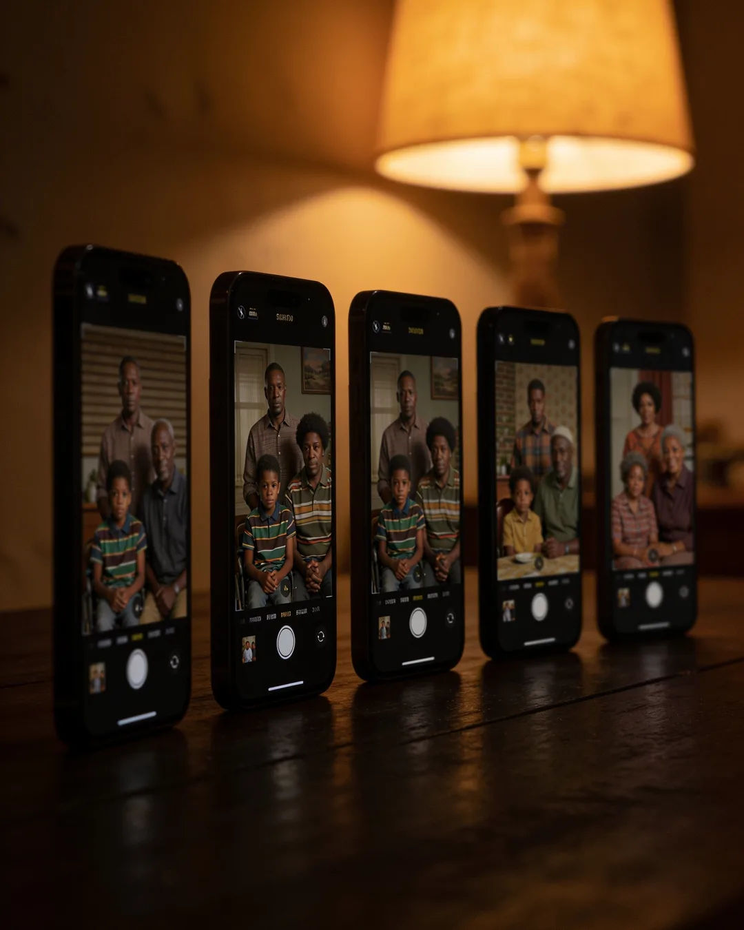 A row of phones showing episodes of the same South African drama series