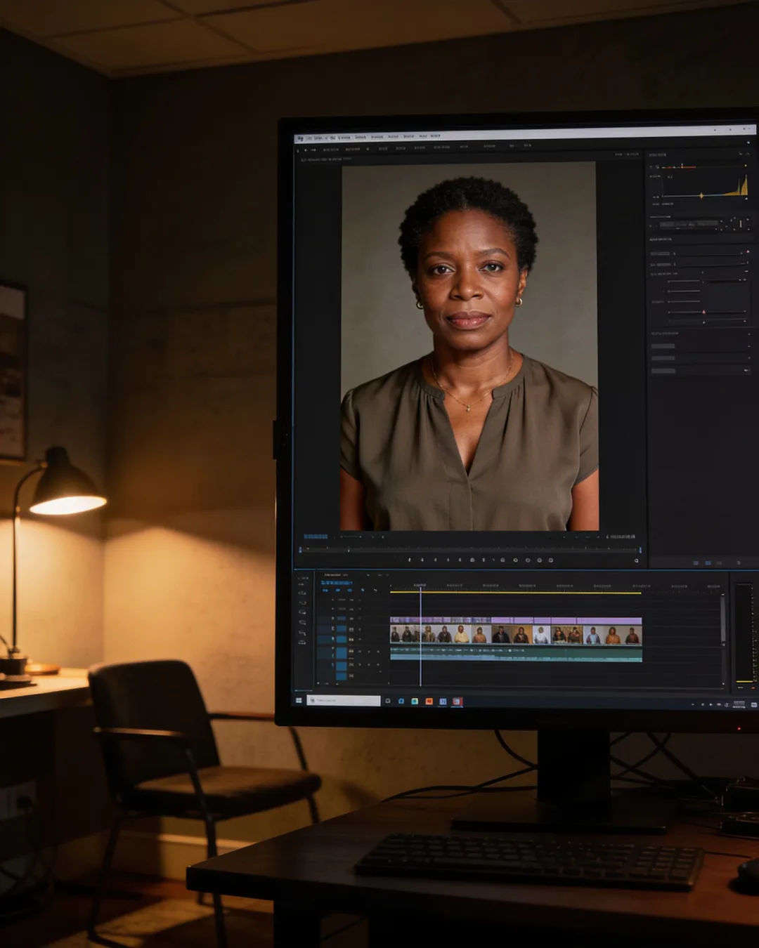An editing suite with a vertical frame of a South African woman in a simple modern blouse above a timeline