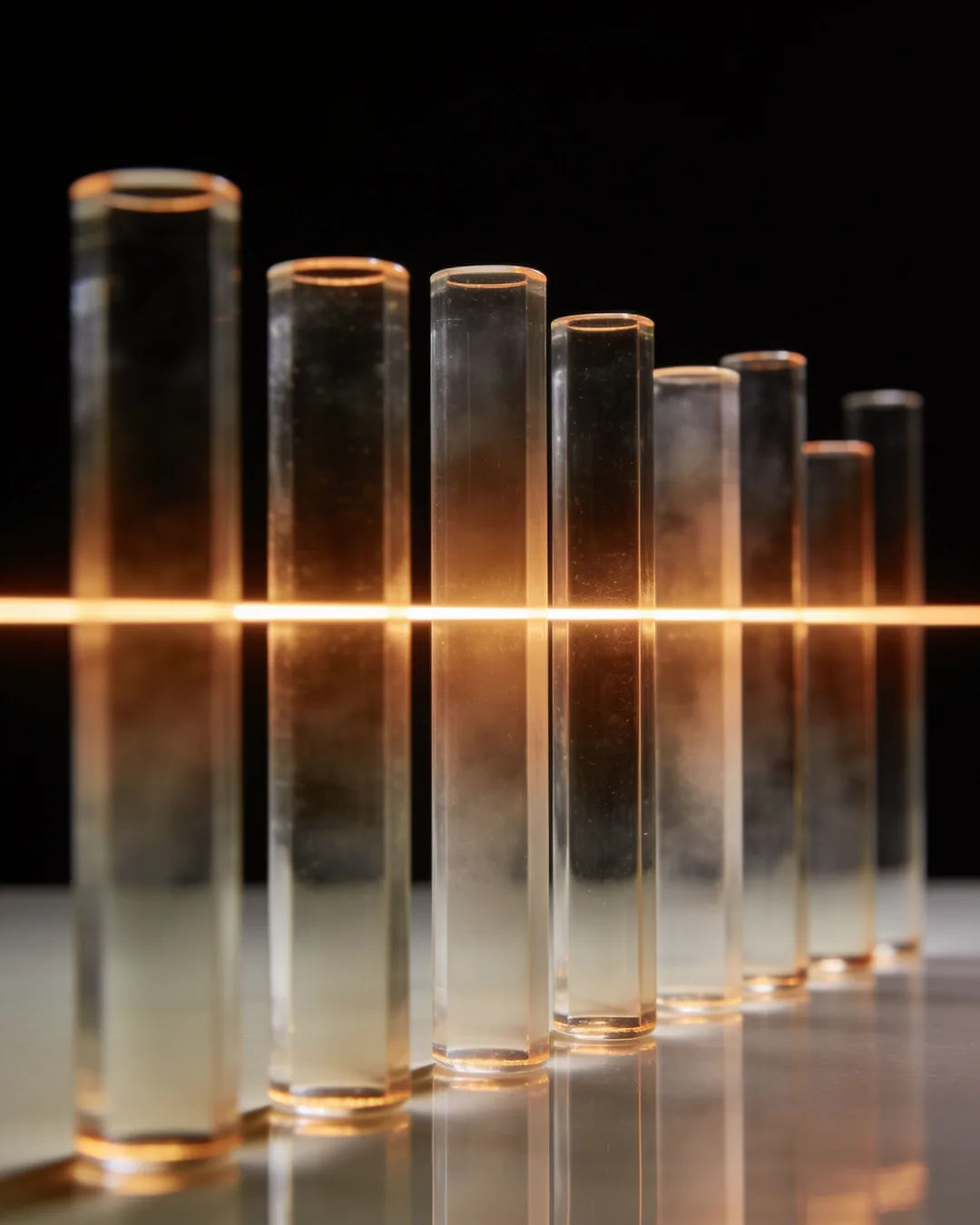Glass columns of different heights with a glowing limit line