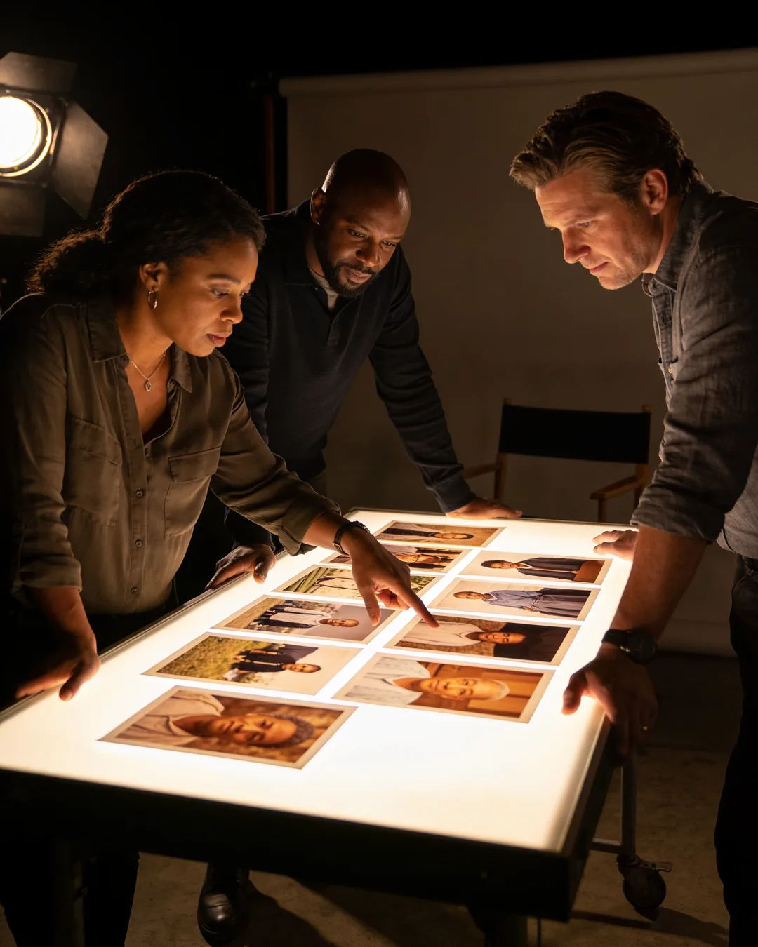 A South African production team reviewing printed frames on a lit table