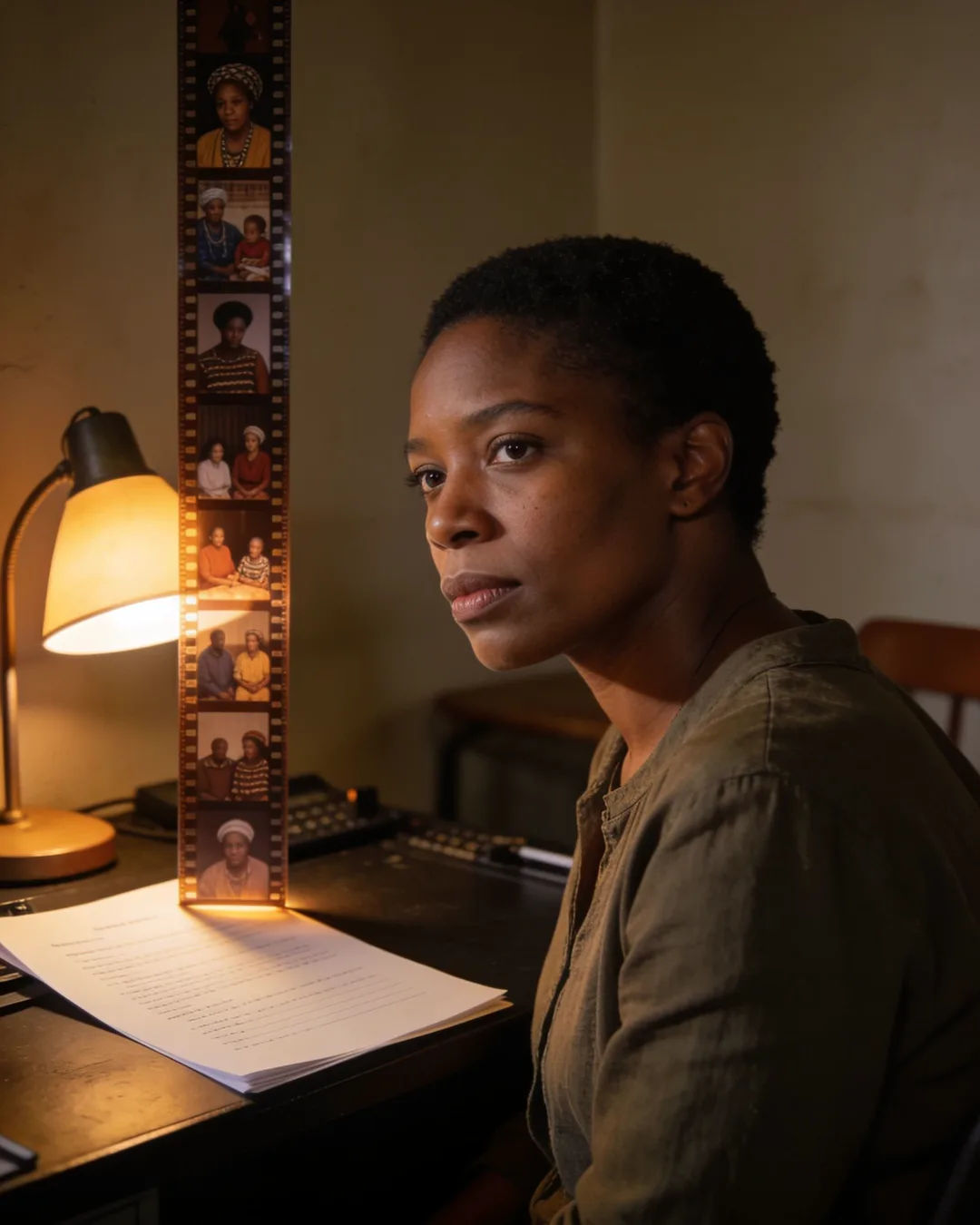 A screenplay page under a desk lamp beside a strip of film frames from a Basotho family drama