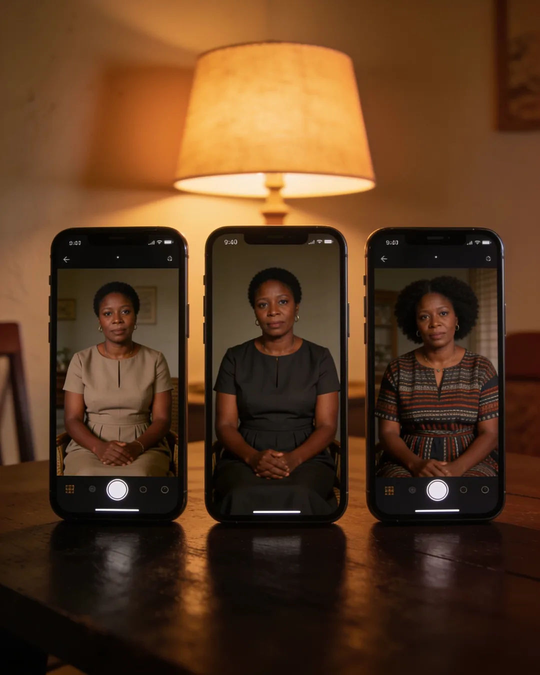 The same Basotho woman in a simple modern dress on three vertical phone screens