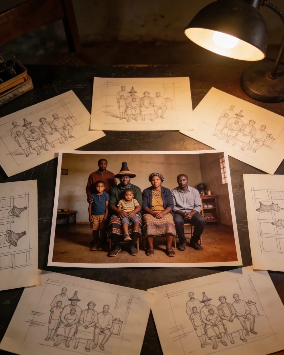 Pencil storyboard sketches around a finished photo of a Basotho family scene