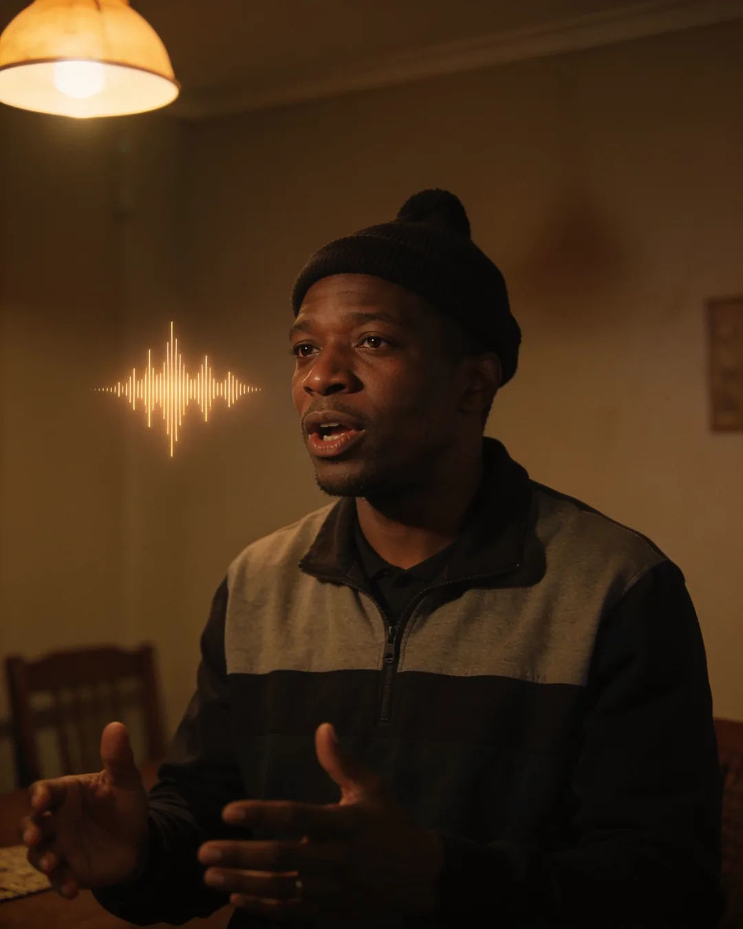 A Basotho man speaking at home at night, a sound waveform beside him