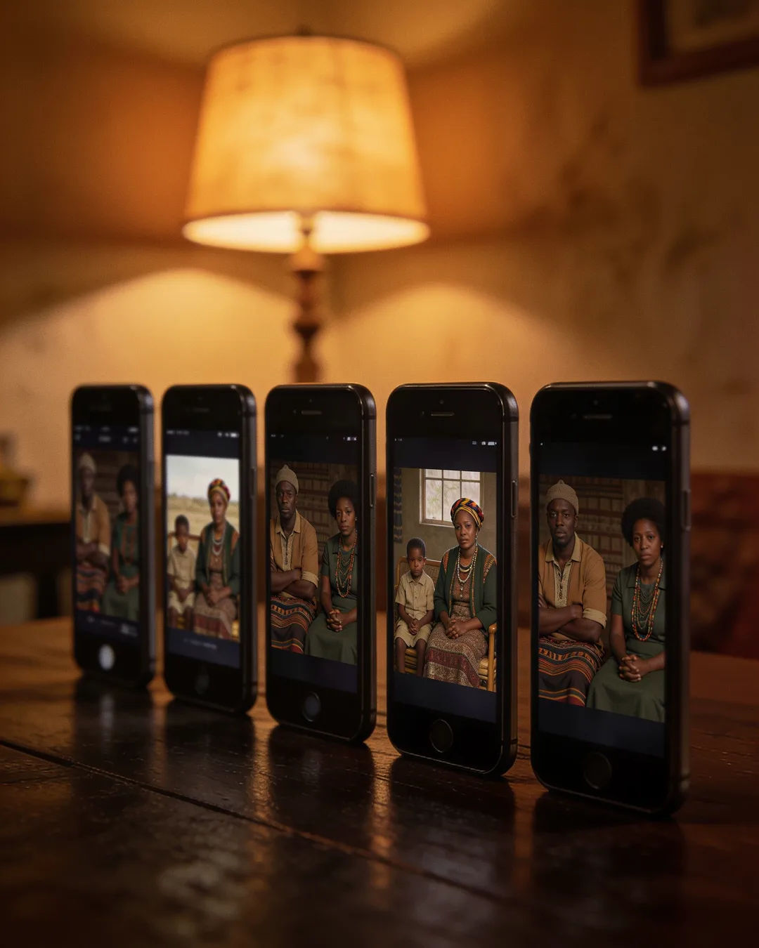 A row of phones showing episodes of the same Basotho drama series