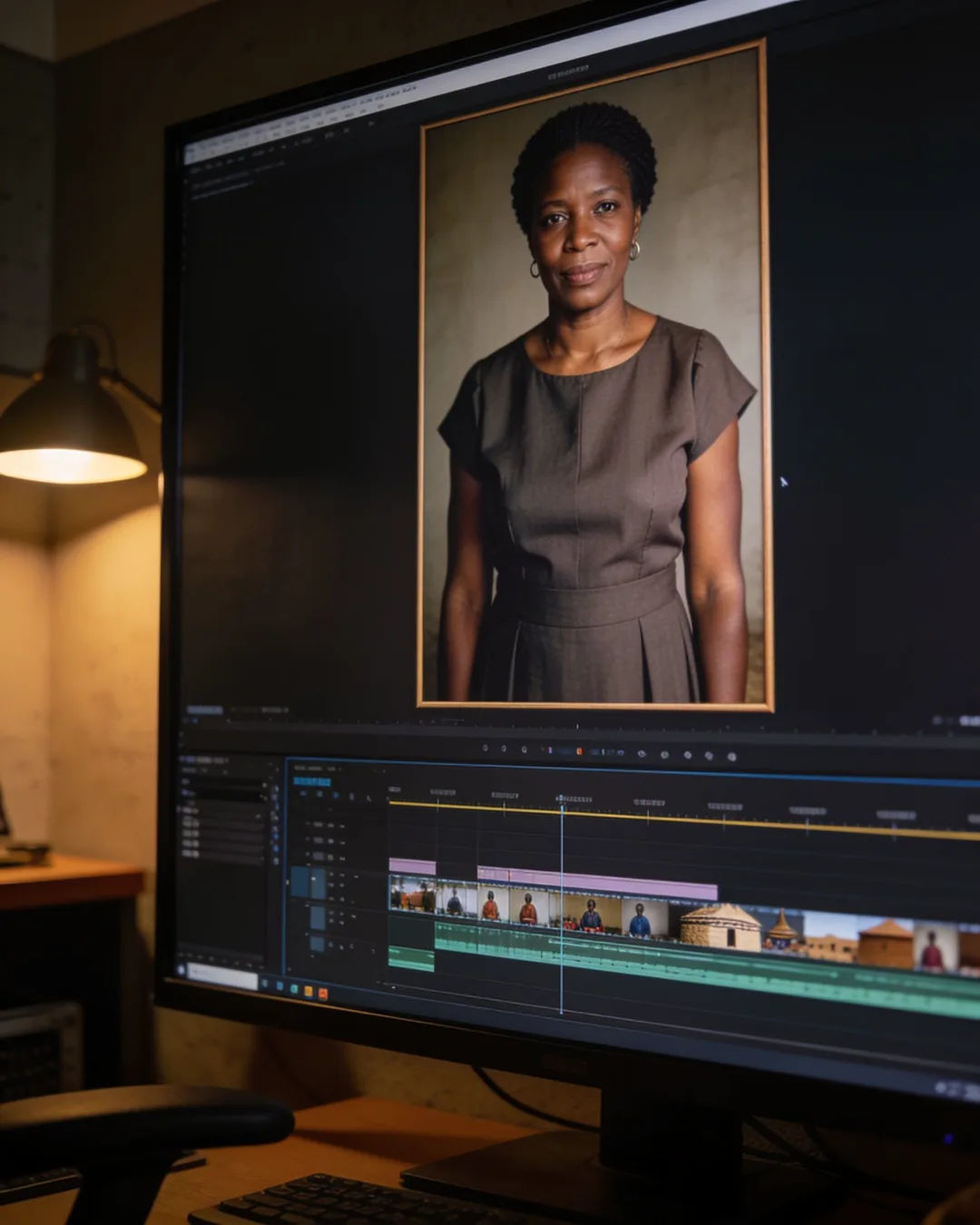 An editing suite with a vertical frame of a Basotho woman in a simple modern dress above a timeline