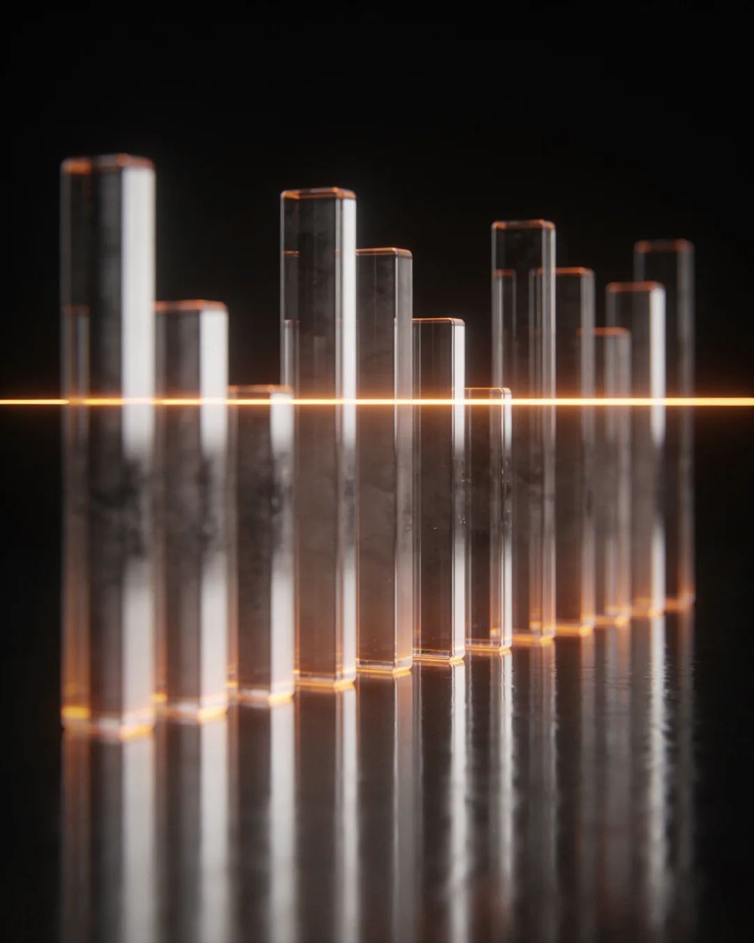 Glass columns of different heights with a glowing limit line