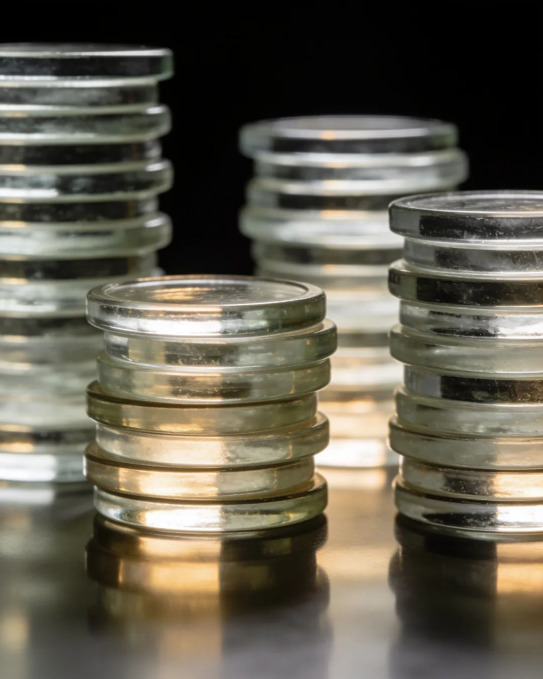 Stacks of glass tokens rising on a black ground