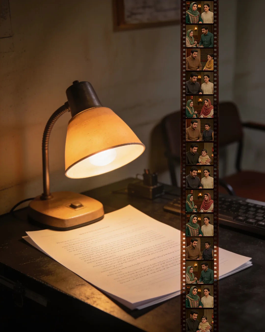 A screenplay page under a desk lamp beside a strip of film frames from a Sindhi Pakistani family drama