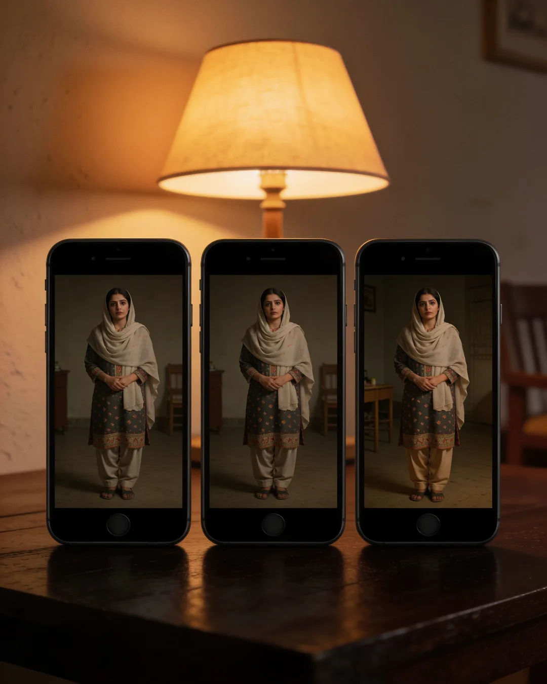 The same Sindhi Pakistani woman in a shalwar kameez with a light dupatta on three vertical phone screens