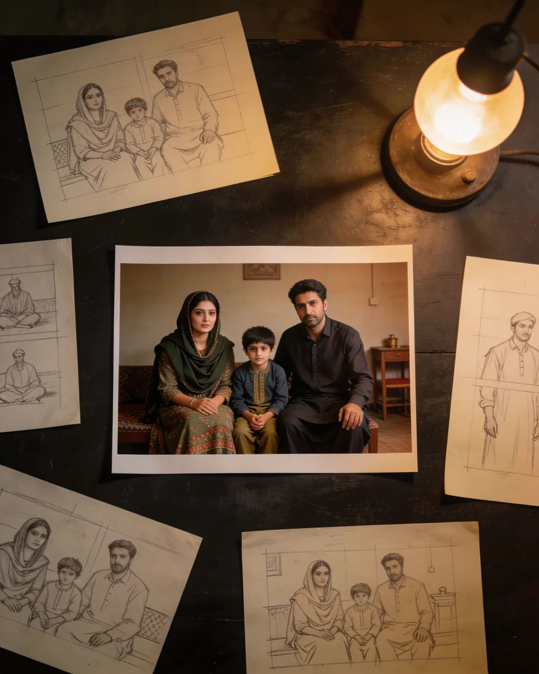 Pencil storyboard sketches around a finished photo of a Sindhi Pakistani family scene