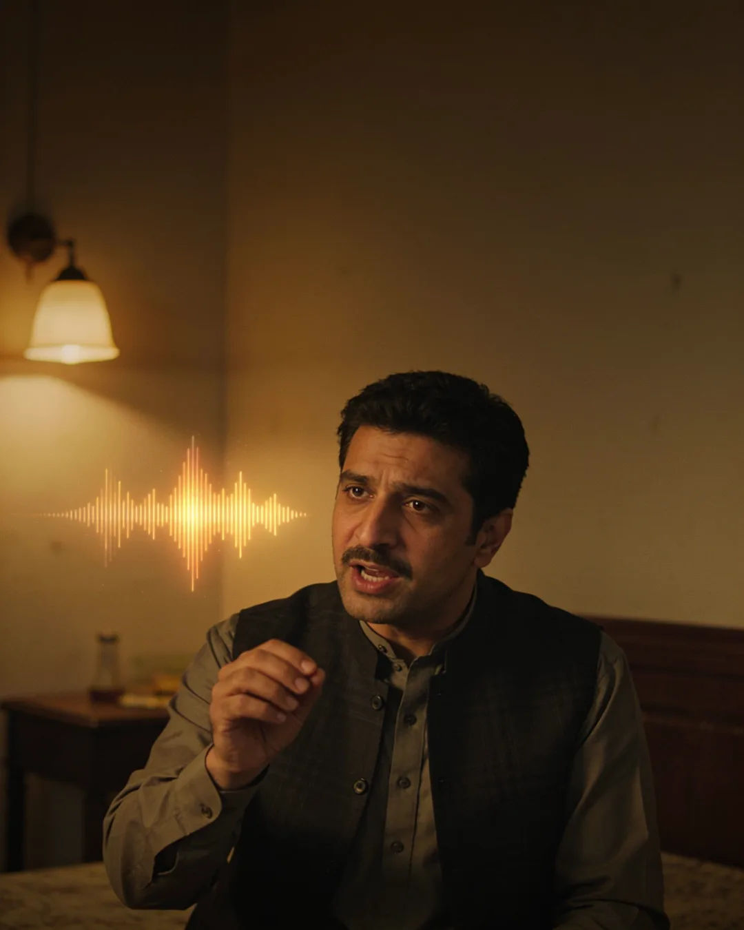 A Sindhi Pakistani man speaking at home at night, a sound waveform beside him