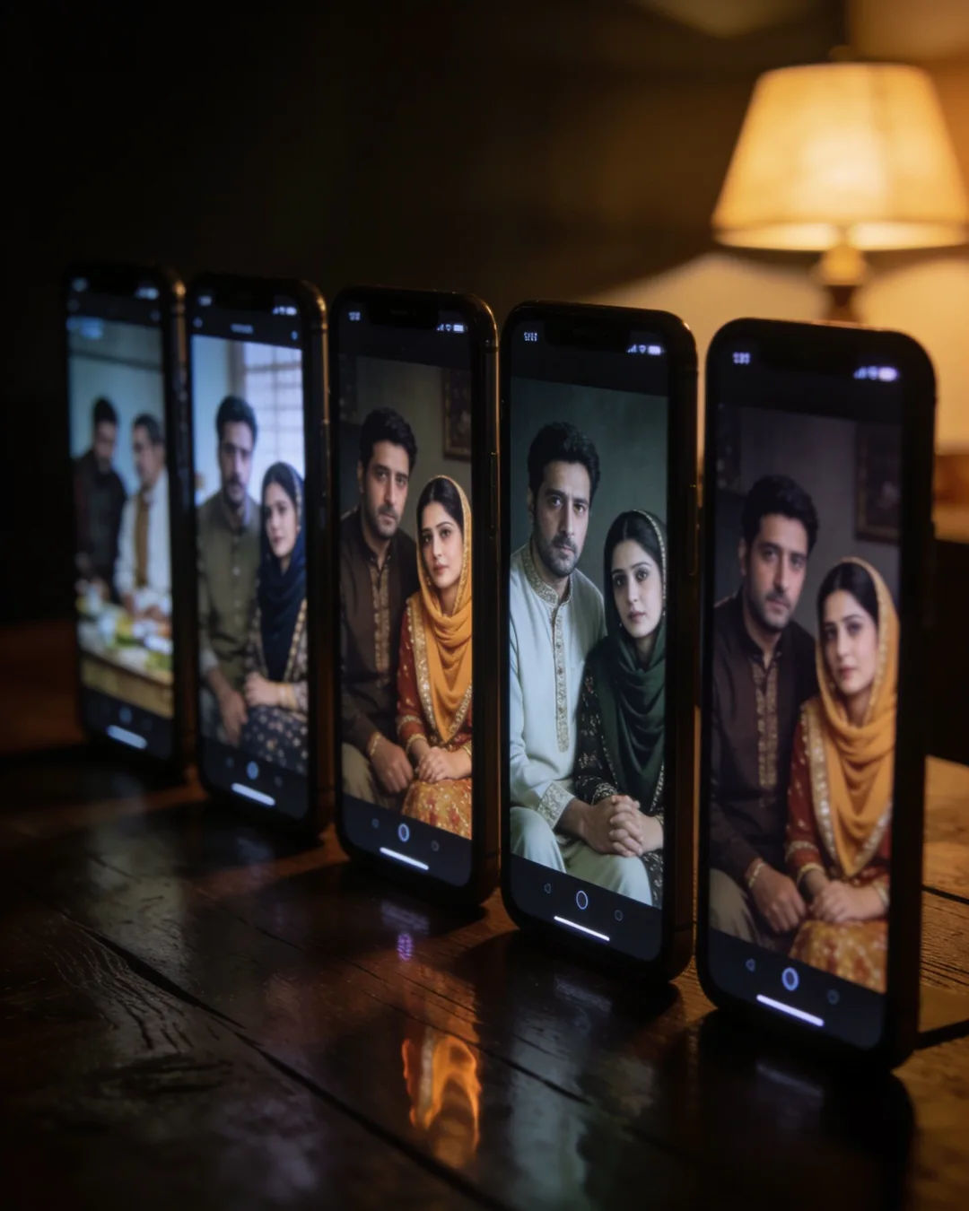 A row of phones showing episodes of the same Sindhi Pakistani drama series