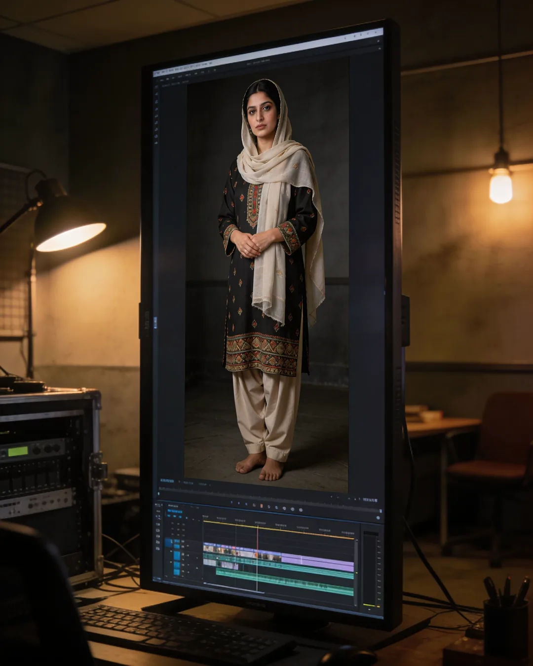 An editing suite with a vertical frame of a Sindhi Pakistani woman in a shalwar kameez with a light dupatta above a timeline