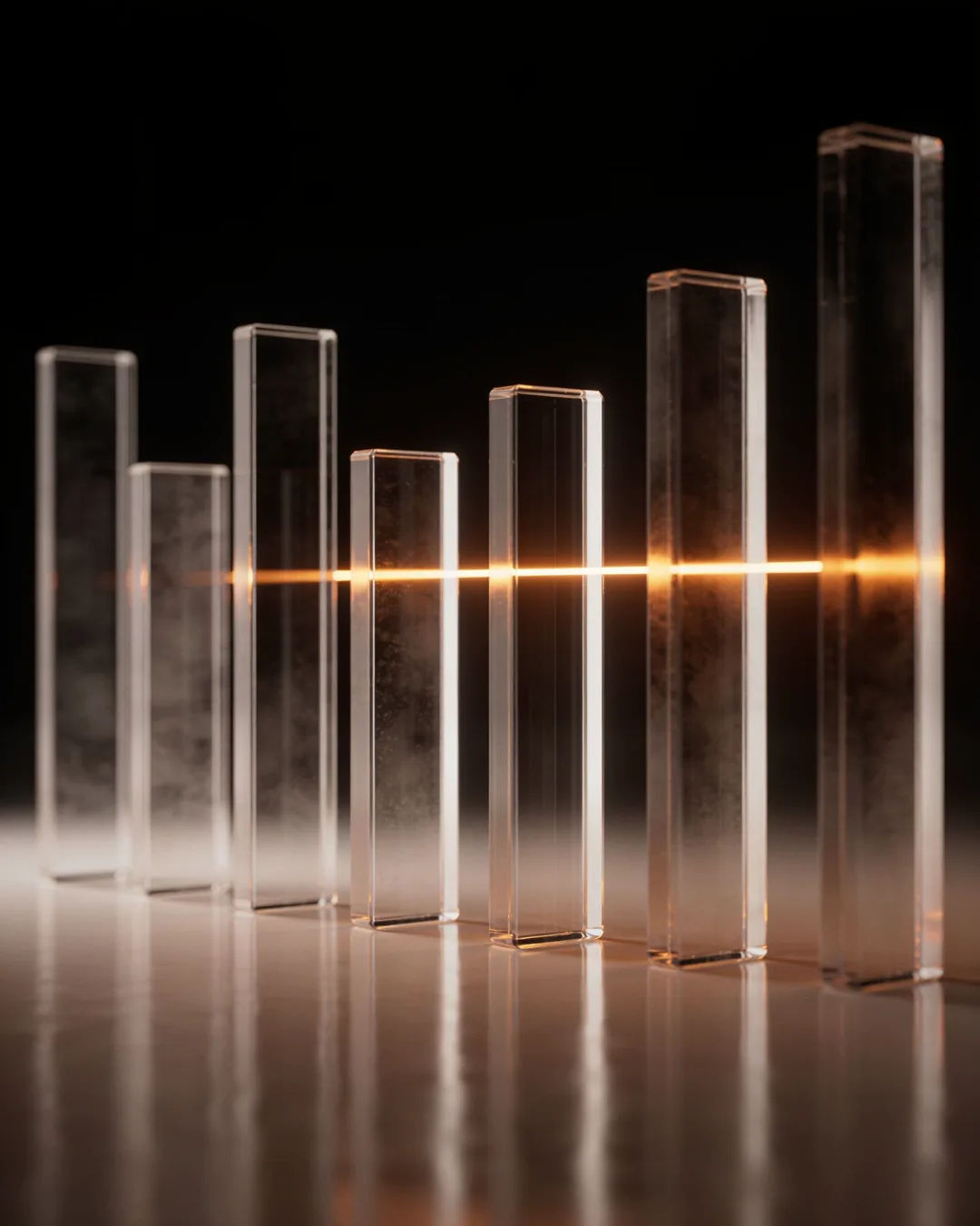 Glass columns of different heights with a glowing limit line