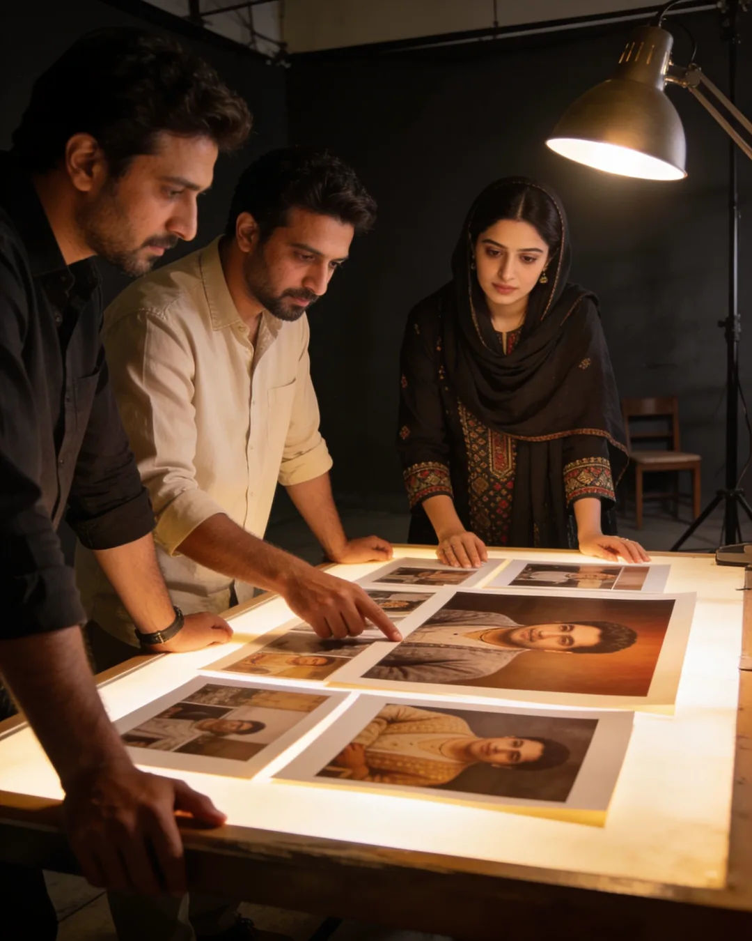 A Sindhi Pakistani production team reviewing printed frames on a lit table